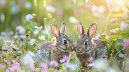 Fototapeta premium Wild rabbits Rabbit two (Oryctolagus cuniculus) juvenile baby animal amongst flowers on grassland, Suffolk, England, United Kingdom Many colorful flowers, beautiful