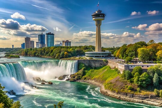 Skylon Tower and vibrant city skyline with iconic Niagara Falls in the foreground, Wallpaper Background