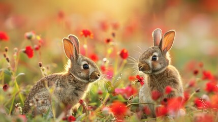 Fototapeta premium Wild rabbits Rabbit two (Oryctolagus cuniculus) juvenile baby animal amongst flowers on grassland, Suffolk, England, United Kingdom Many colorful flowers, beautiful