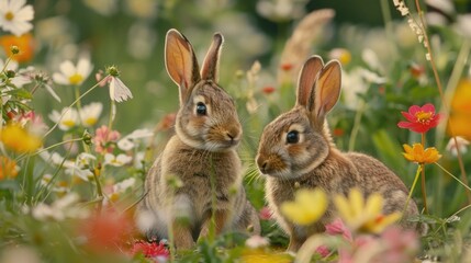 Obraz premium Wild rabbits Rabbit two (Oryctolagus cuniculus) juvenile baby animal amongst flowers on grassland, Suffolk, England, United Kingdom Many colorful flowers, beautiful
