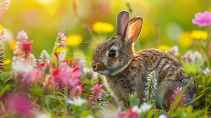 Fototapeta premium Wild rabbits Rabbit two (Oryctolagus cuniculus) juvenile baby animal amongst flowers on grassland, Suffolk, England, United Kingdom Many colorful flowers, beautiful
