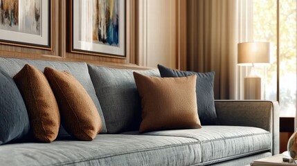 Cozy living room with a stylish sofa adorned with decorative cushions.