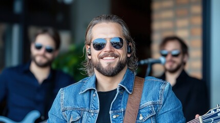 Smiling male musician with bandmates in background.