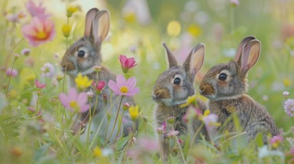 Obraz premium Wild rabbits Rabbit two (Oryctolagus cuniculus) juvenile baby animal amongst flowers on grassland, Suffolk, England, United Kingdom Many colorful flowers, beautiful