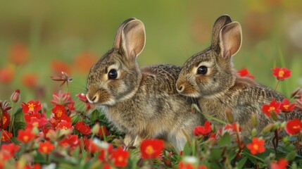 Fototapeta premium Wild rabbits Rabbit two (Oryctolagus cuniculus) juvenile baby animal amongst flowers on grassland, Suffolk, England, United Kingdom Many colorful flowers, beautiful