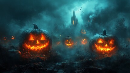 Haunted Forest with Glowing Jack-o'-Lanterns and Spooky Castle