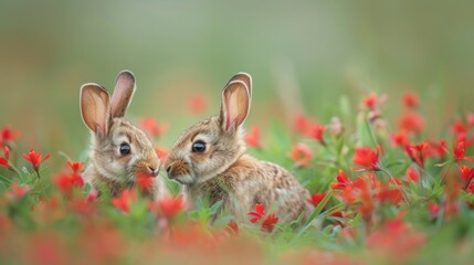 Fototapeta premium Wild rabbits Rabbit two (Oryctolagus cuniculus) juvenile baby animal amongst flowers on grassland, Suffolk, England, United Kingdom Many colorful flowers, beautiful