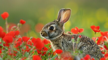Fototapeta premium Wild rabbits Rabbit two (Oryctolagus cuniculus) juvenile baby animal amongst flowers on grassland, Suffolk, England, United Kingdom Many colorful flowers, beautiful