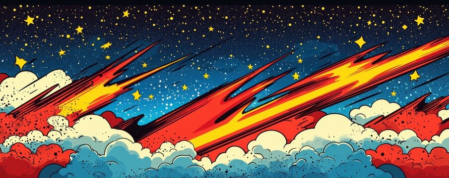 Vibrant comic book style explosion with clouds and stars