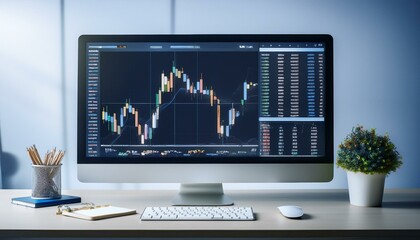 Fototapeta premium Trading monitor with high resolution stock chart screen showing various technical indicators and candlestick patterns