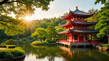 Fototapeta premium Red pagoda with sunset light in lush garden