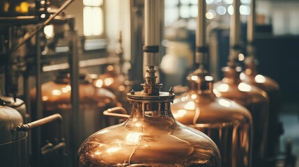 Copper distillation equipment in a production facility, highlighting industrial brewing processes.