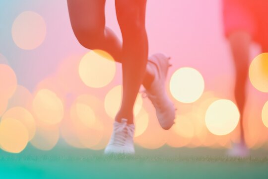 Women Soccer Players Jogging on Field at Twilight with Pastel Bokeh Background