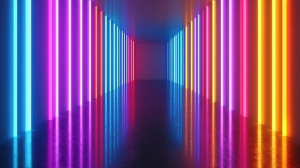 Colorful neon lights illuminate room. Vertical neon tubes create vibrant glow. Reflective floor amplifies colors. Interior design, futuristic tech theme, party ambiance. Event space. Stylish