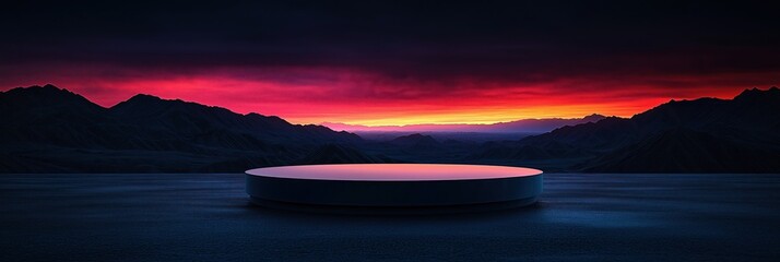 Dramatic desert landscape at sunset. Sleek dark podium centered in foreground. Stunning gradient sky transitions from red to dark blue. Dark mountains frame horizon. Empty space for product display.