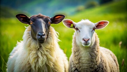 Fototapeta premium Black and White Sheep: Rule of Thirds Composition, Farm Animals, Unusual Coloration