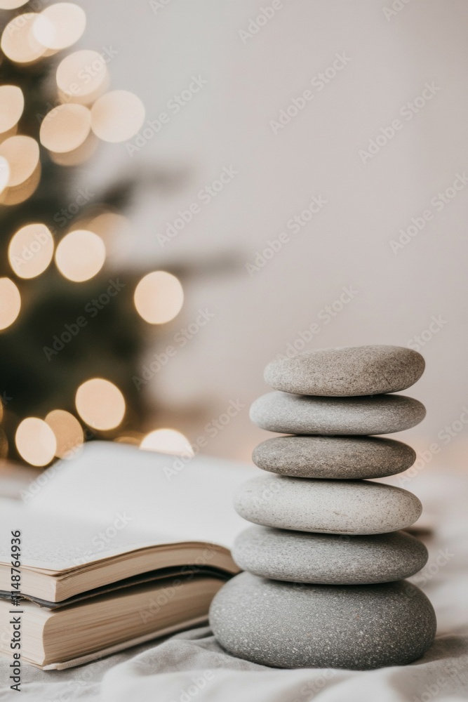 Poster Serene Stone Balance with Open Books and Warm Bokeh Lights for Mindful Reading