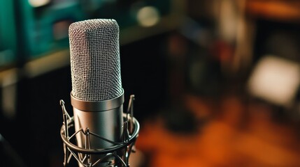 A close-up of a microphone in a studio setting, ready for recording or broadcasting.