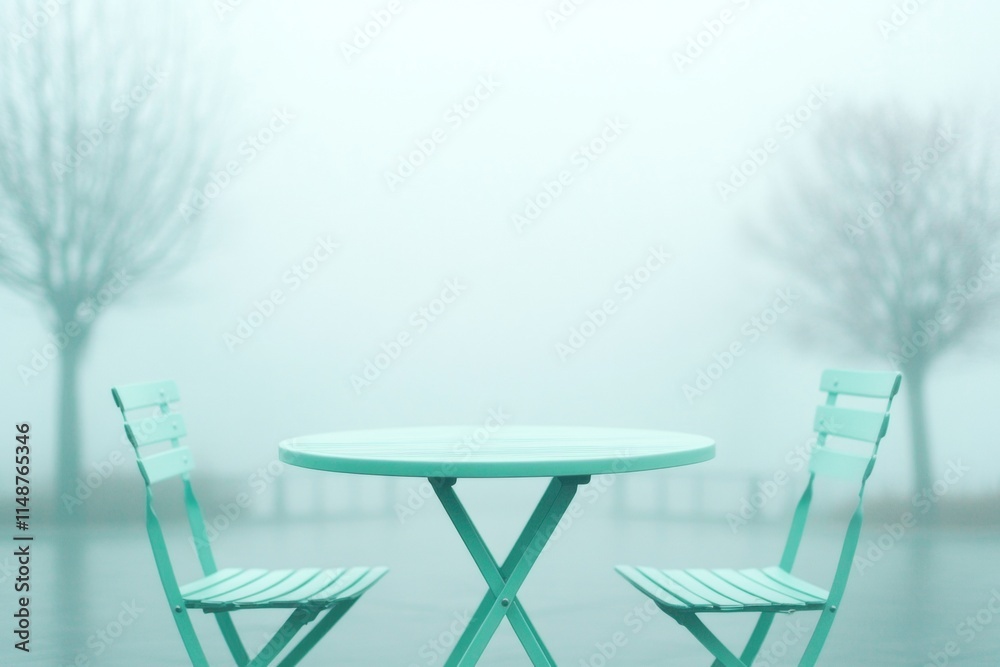 Poster foggy urban parkscape with empty chairs serenity and reflection in minimalist style