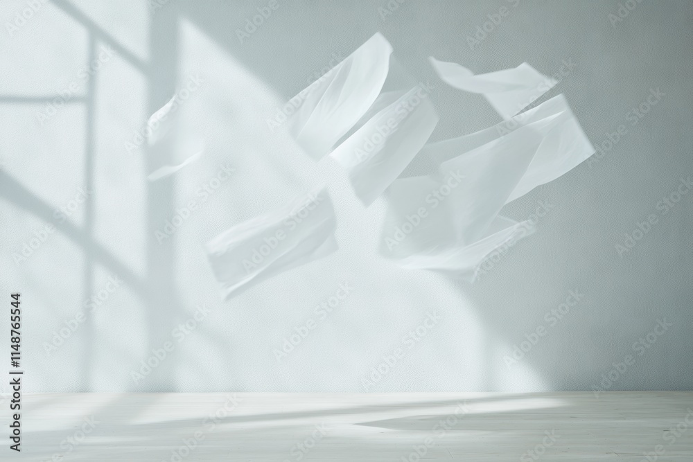 Poster floating pages in a dim study hall with surreal paper textures
