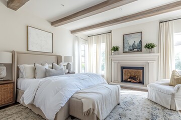 Elegant Master Bedroom with Fireplace and Luxurious Bedding