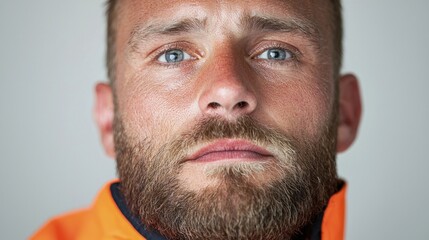 Obraz premium Close-up portrait of a man with a beard and blue eyes, wearing an orange jacket, looking serious.