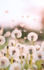 Obraz premium Whimsical Dandelions in Heart-Filled Sky at Sunset