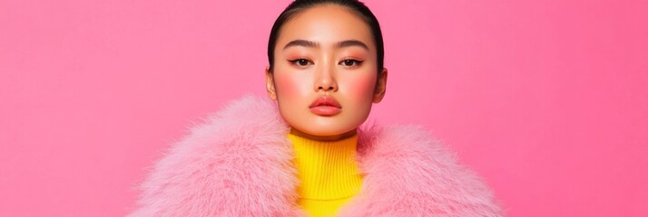 Bold Edgy Fashion Young Asian Woman in Dramatic Faux Fur Coat with Vibrant Studio Lighting