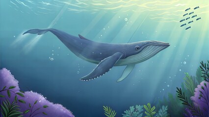 Naklejka premium Digital illustration of a majestic whale swimming underwater in a colorful ocean environment