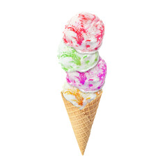 Ice cream scoops in waffle cone on white background. Strawberry, kiwi, mango and raspberry flavors