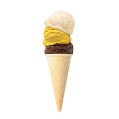 Ice cream scoops in waffle cone on white background. Chocolate, vanilla and mango flavors