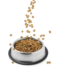 Dry pet food falling into bowl on white background