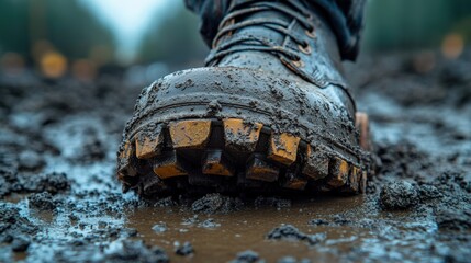 Macro shot of a heavy-duty work boot sole on a muddy construction site