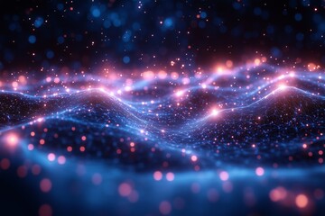 Obraz premium A glowing abstract network of neon lights and particles in pink and blue, symbolizing technology, energy, and connectivity.