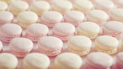 Obraz premium Soft pastel macarons arranged in neat rows, lightly dusted with sugar, creating an elegant and sweet background, perfect for dessert-themed or patisserie-inspired content.