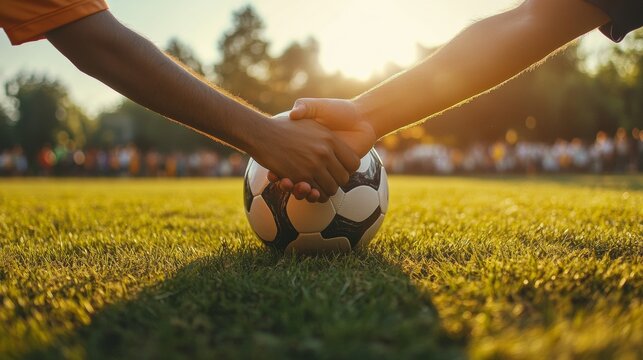 Unity Through Soccer Cross-Cultural Handshake on the Field at Sunset - Powered by Adobe