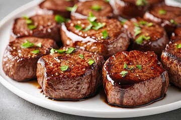 Tenderloin offers tender beef meat. Succulent beef steaks garnished with fresh herbs on a white plate.