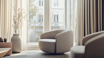 Fototapeta premium Modern minimalist living area with clean, elegant design. Featuring neutral tones and sleek lines