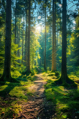 Fototapeta premium Serene Forest Pathway: A Tranquil Walk through Sunlit Pine Trees and Verdant Greenery