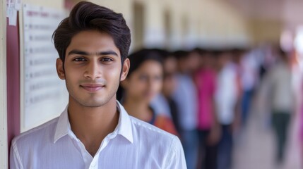 Fototapeta premium Young Indian Man in Line at Government Office for Exam Registration