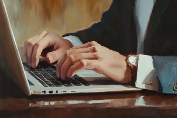 Obraz premium A close-up of hands typing on a laptop keyboard in an office environment, representing work or productivity.