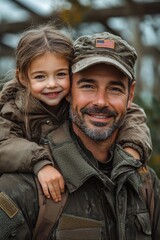 Fototapeta premium Smiling military father with happy daughter in outdoor portrait