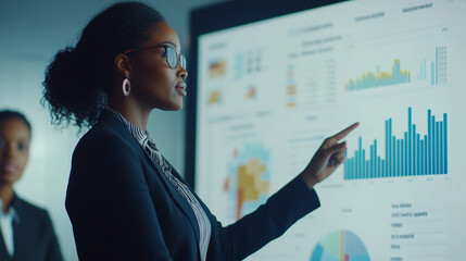 Professional female executive presenting upward growth analytics on digital whiteboard in contemporary workspace