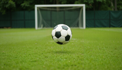 Obraz premium Hovering Soccer Ball with Dynamic Energy Against Green Field