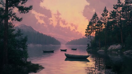 Serene Sunset Lake Boats Mountains Forest