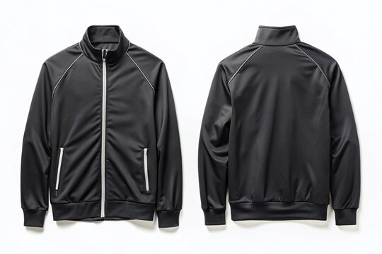 Black Zipper Track Jacket Mockup - Front & Back Views Isolated on White