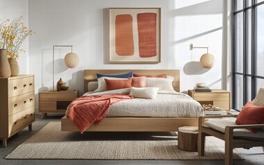 Chic modern bedroom featuring a low-profile bed, light wood furniture, and subtle pops of color