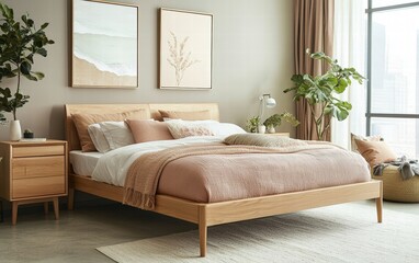 Chic modern bedroom featuring a low-profile bed, light wood furniture, and subtle pops of color