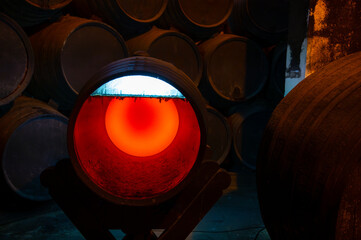 Flor, film of yeast in solera system in old Andalusian wine cellar, process for aging sherry wine in barrels, jerez fortified wine, Jerez de la Frontera, Andalusia, Spain