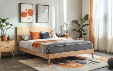Chic modern bedroom featuring a low-profile bed, light wood furniture, and subtle pops of color
